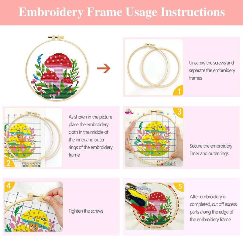 Zhenqing 4 Mushroom Cross Stitch Kit for Beginners, 11CT Printed White Cotton Fabric 24x24cm with Hoop, Fantasy Forest Embroidery Set（69036） - Image 4